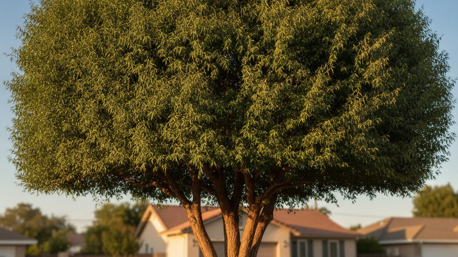 A mature African sumac tree with a dense weeping canopy shading a San Diego front yard