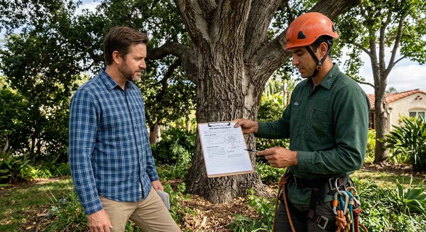 Two people stand with a clipboard beside a mature tree in a garden.
