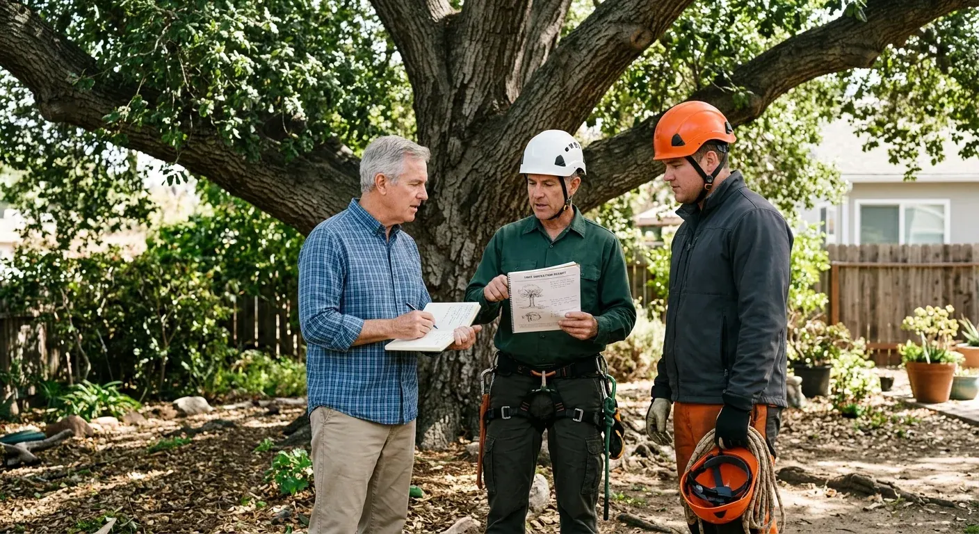 Three people discussing paperwork beneath a large tree, with two wearing helmets