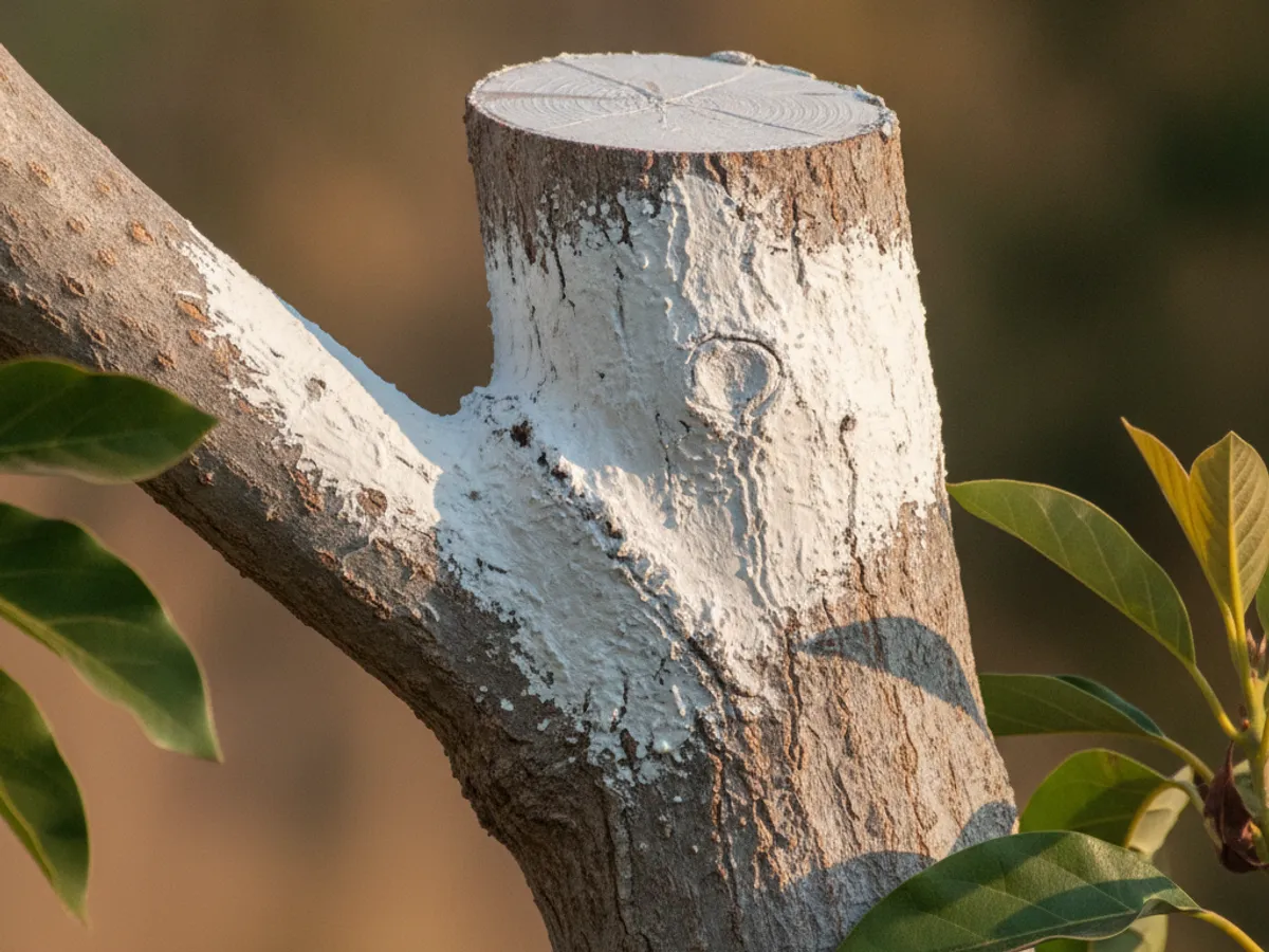 Close-up of a whitewashed avocado tree limb protecting exposed bark from sunburn after a canopy-opening prune