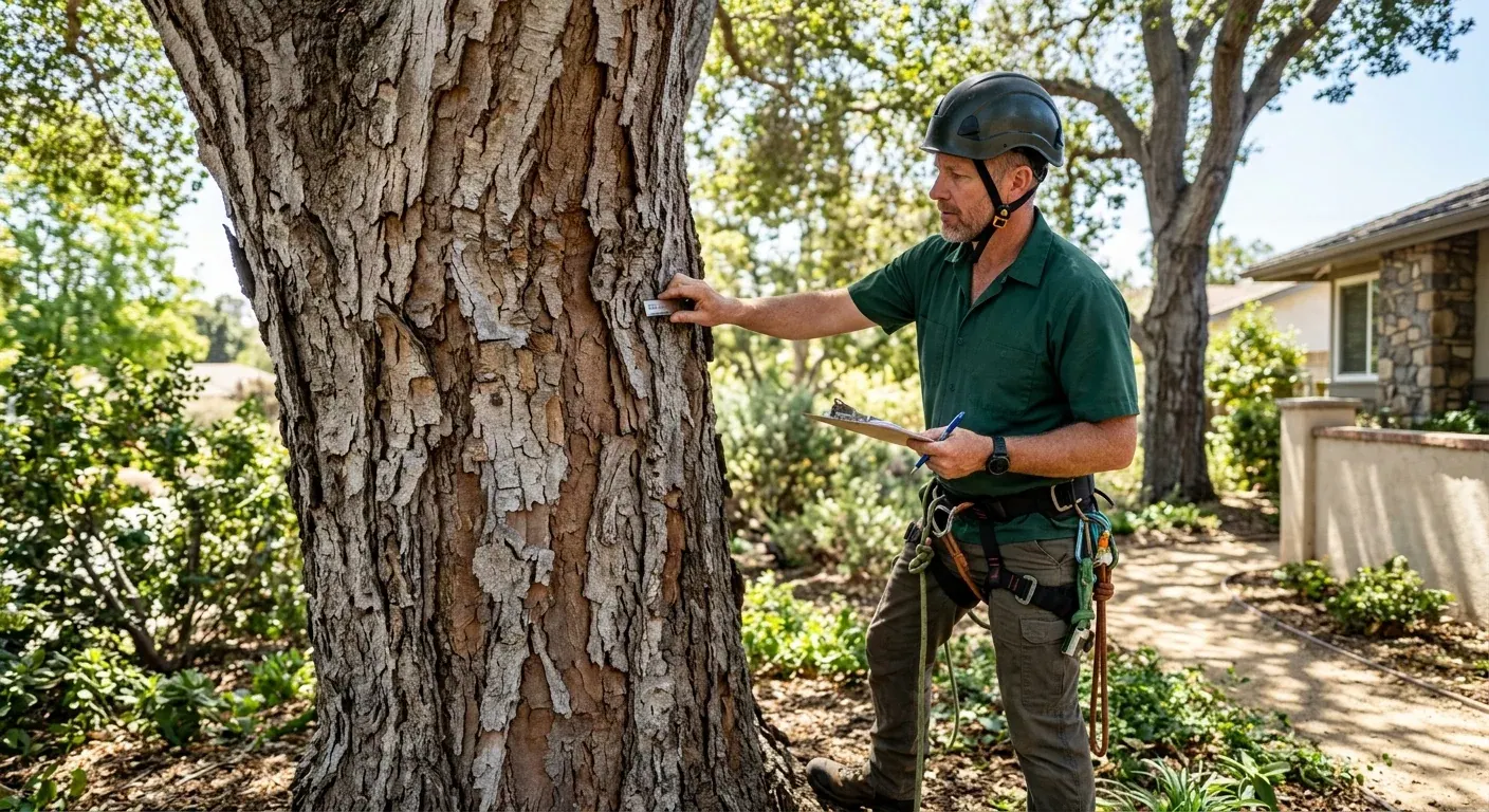 Person standing beside a tree trunk with flaking bark, holding a clipboard and a small object