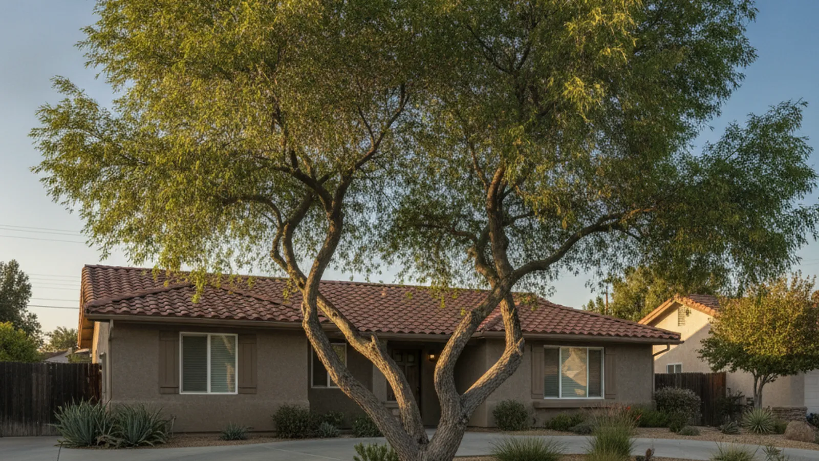 A mature Chilean mesquite tree with feathery green foliage and a gnarled multi-trunk form shading an inland San Diego front yard
