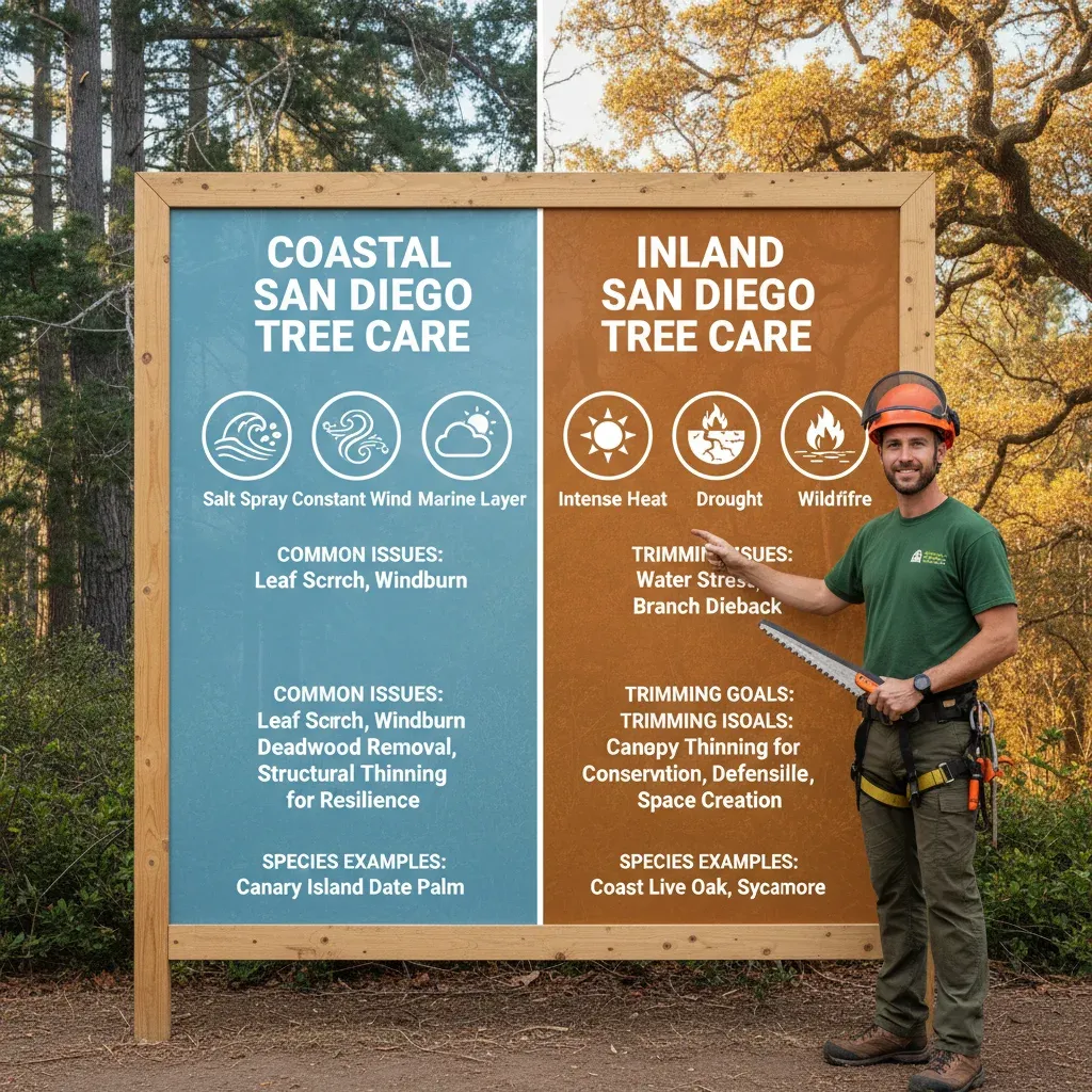 Infographic comparing coastal tree care factors (salt spray, wind exposure) with inland factors (heat, drought, fire risk) for San Diego.
