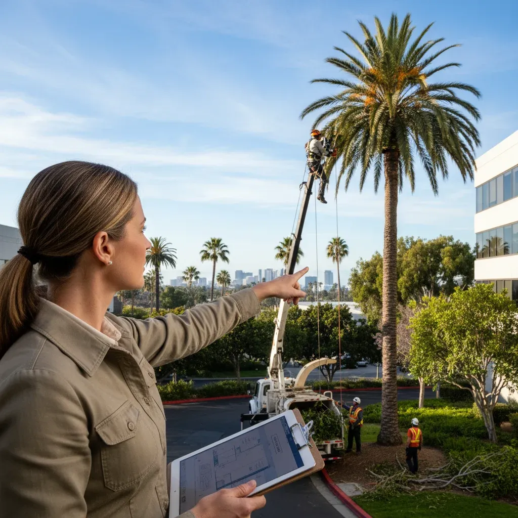 A certified arborist inspecting a large oak tree on a commercial property in San Diego.