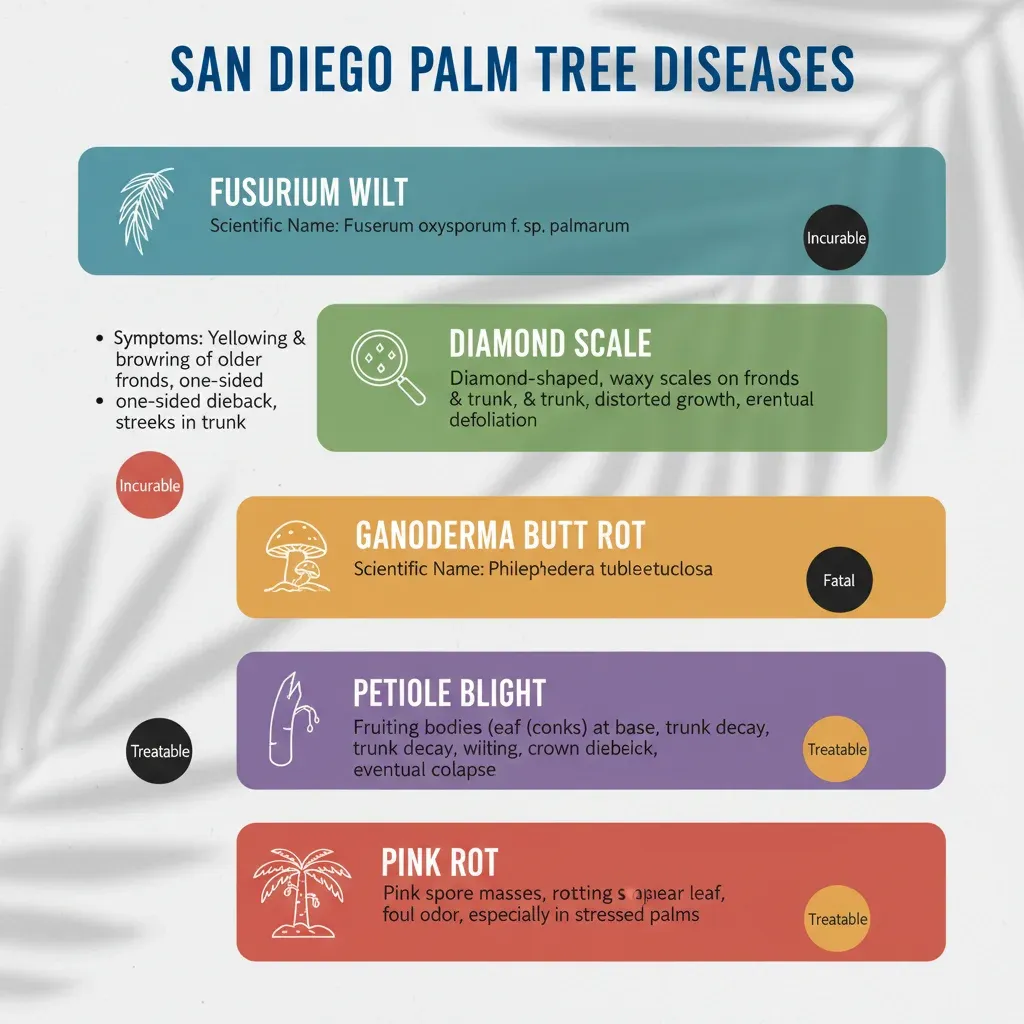 Infographic detailing symptoms and key identifying characteristics of common palm tree diseases in San Diego, including Fusarium wilt, Diamond Scale, Ganoderma Butt Rot, Petiole Blight, and Pink Rot.