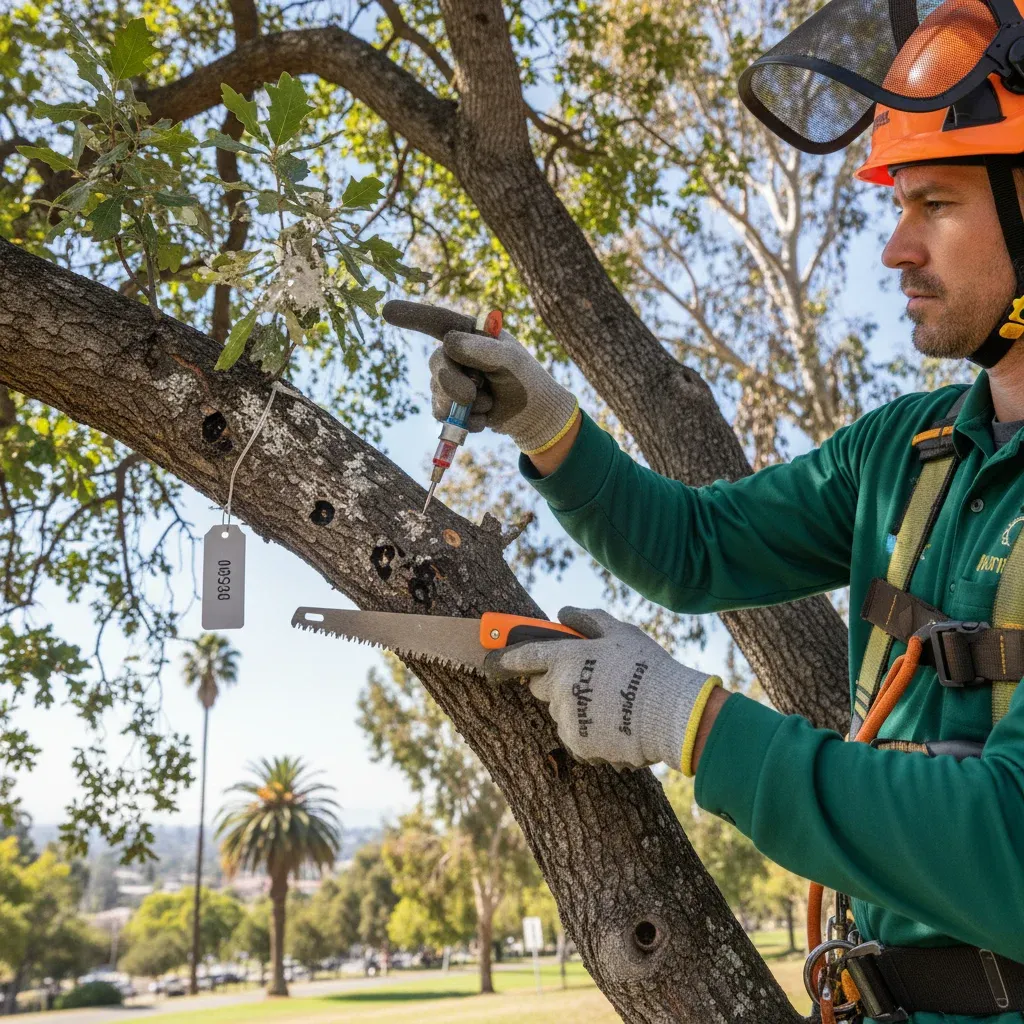An arborist inspecting the bark of an oak tree for signs of gold-spotted oak borer.