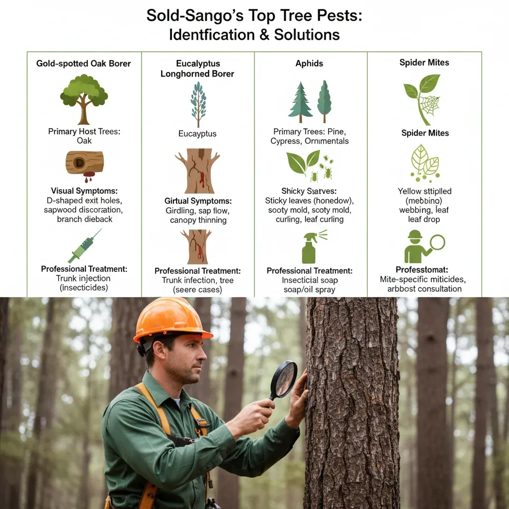 Infographic detailing common San Diego tree pests: Gold-spotted oak borer, Eucalyptus longhorned borer, Aphids, and Spider Mites. Includes host trees, key symptoms, and professional treatment options.