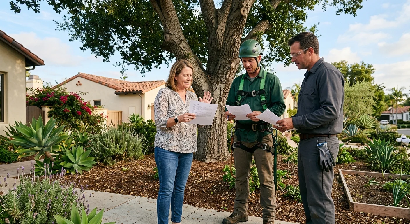 Three people holding papers beside a tree
