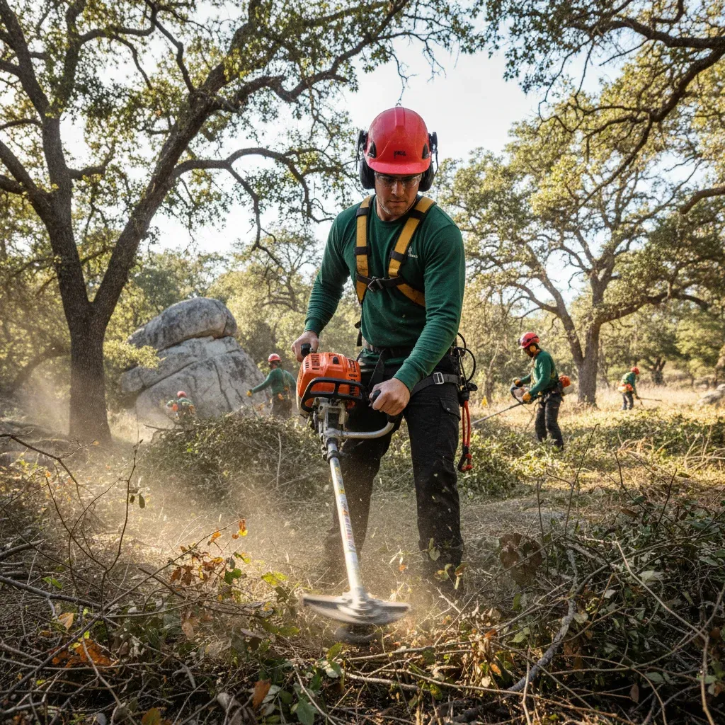 Arborist crew clearing brush and trimming trees for fire safety in Ramona, San Diego