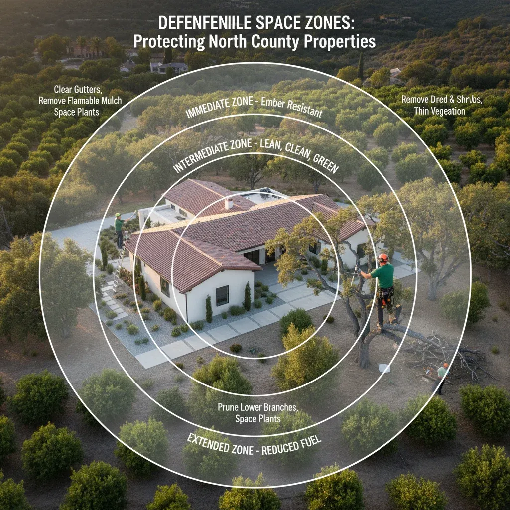 Infographic illustrating the three defensible space zones (0-5 ft, 5-30 ft, 30-100 ft) for large, rural North County properties, detailing clearing requirements for each zone.