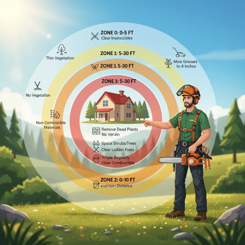 Diagram illustrating the three defensible space zones (0-5 feet, 5-30 feet, 30-100 feet) around a home, detailing vegetation management actions for each zone.