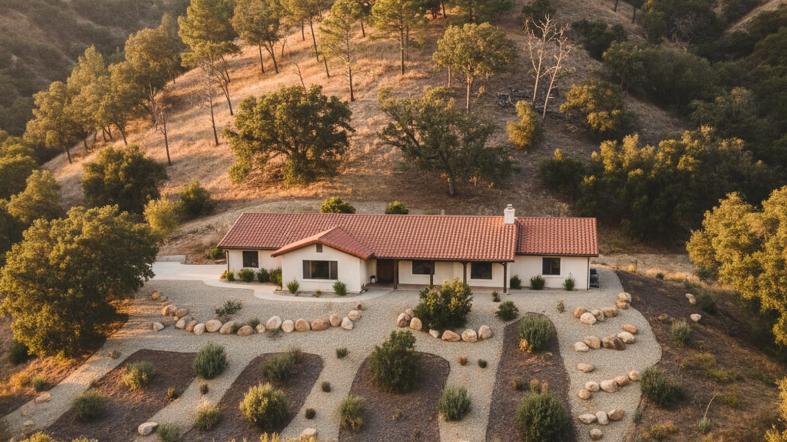 San Diego hillside home with clear defensible-space zones visible, trees thinned around the structure
