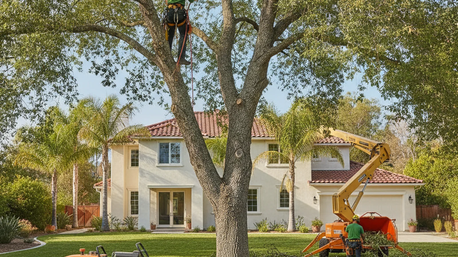 A professional arborist roped into a large tree removing limbs at a San Diego home, with a chipper and bucket truck