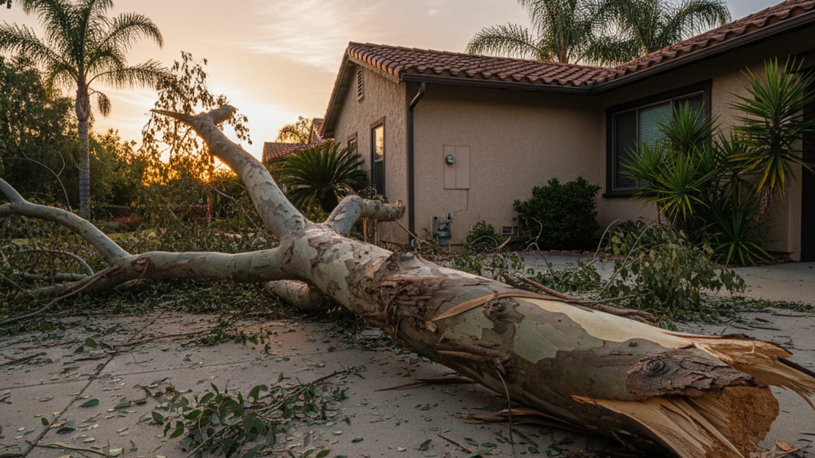 Large eucalyptus tree fallen across a residential driveway in a San Diego neighborhood after Santa Ana wind event