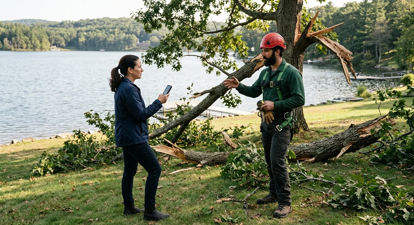 Homeowner documenting a damaged tree from a clear yard, illustration