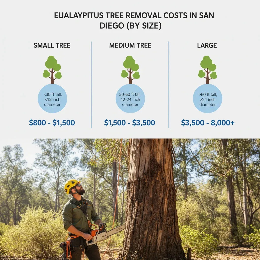 An infographic showing how eucalyptus tree height and trunk diameter impact removal cost categories (small, medium, large).
