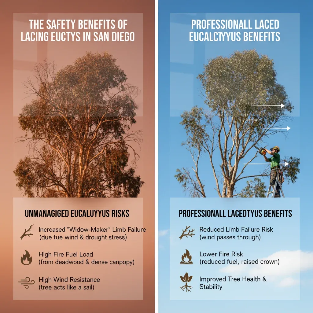Infographic comparing the risks of an unmanaged eucalyptus tree (limb failure, high fire fuel) with the safety benefits of a professionally laced eucalyptus (reduced limb failure, lower fire risk, improved health).