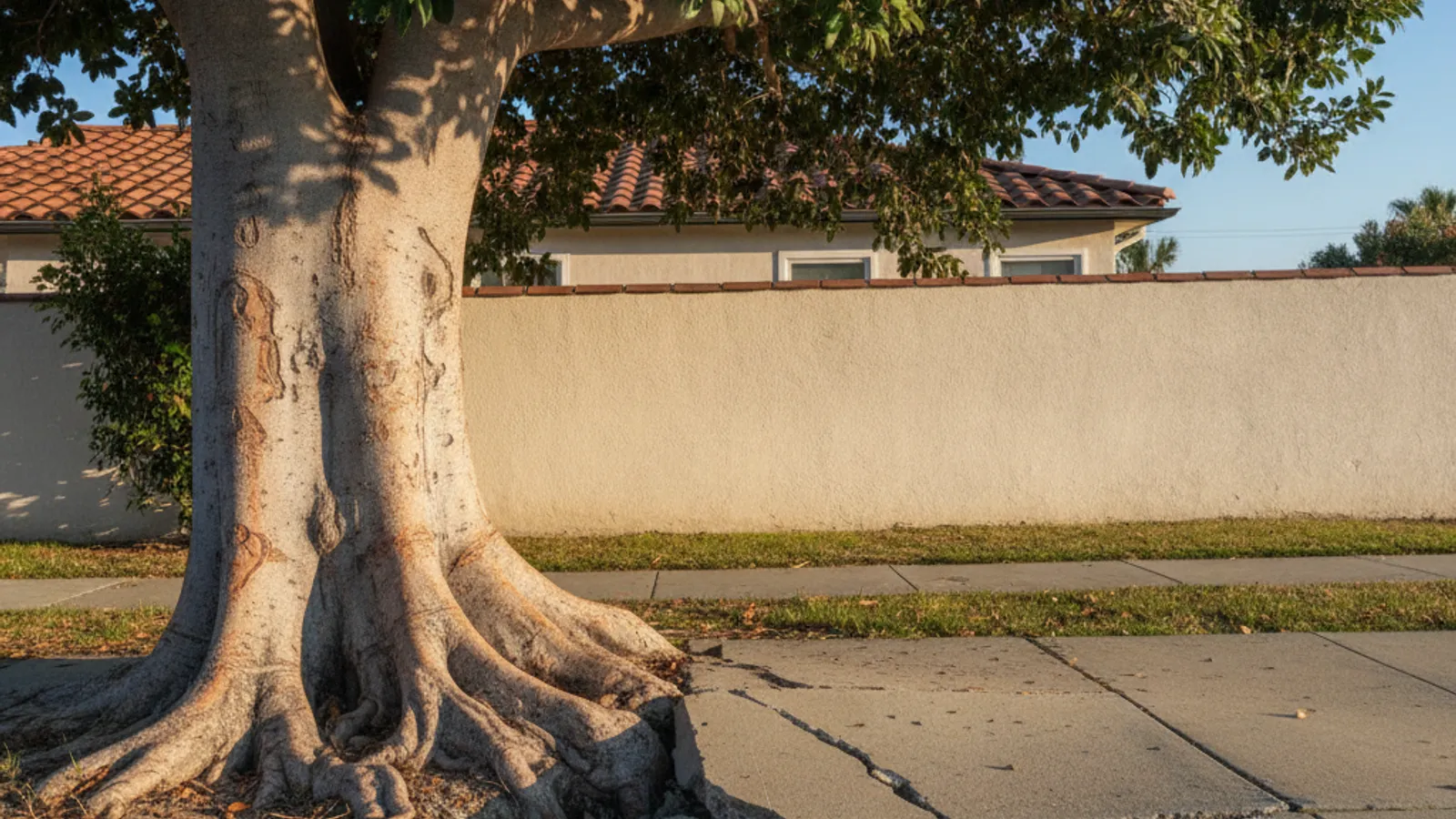 A mature ficus tree with dense glossy foliage next to a coastal San Diego sidewalk cracked and lifted by thick surface roots.