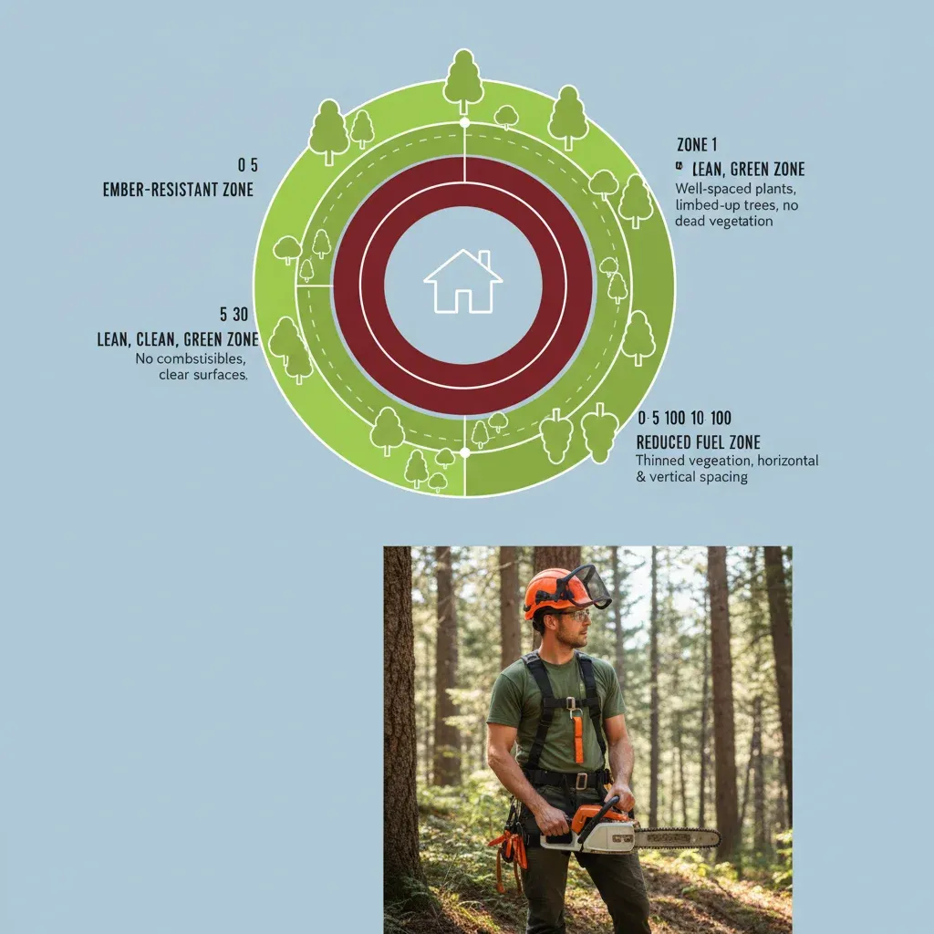 An infographic illustrating CAL FIRE defensible space zones (Zone 0, Zone 1, Zone 2) around a home with recommended clearances.