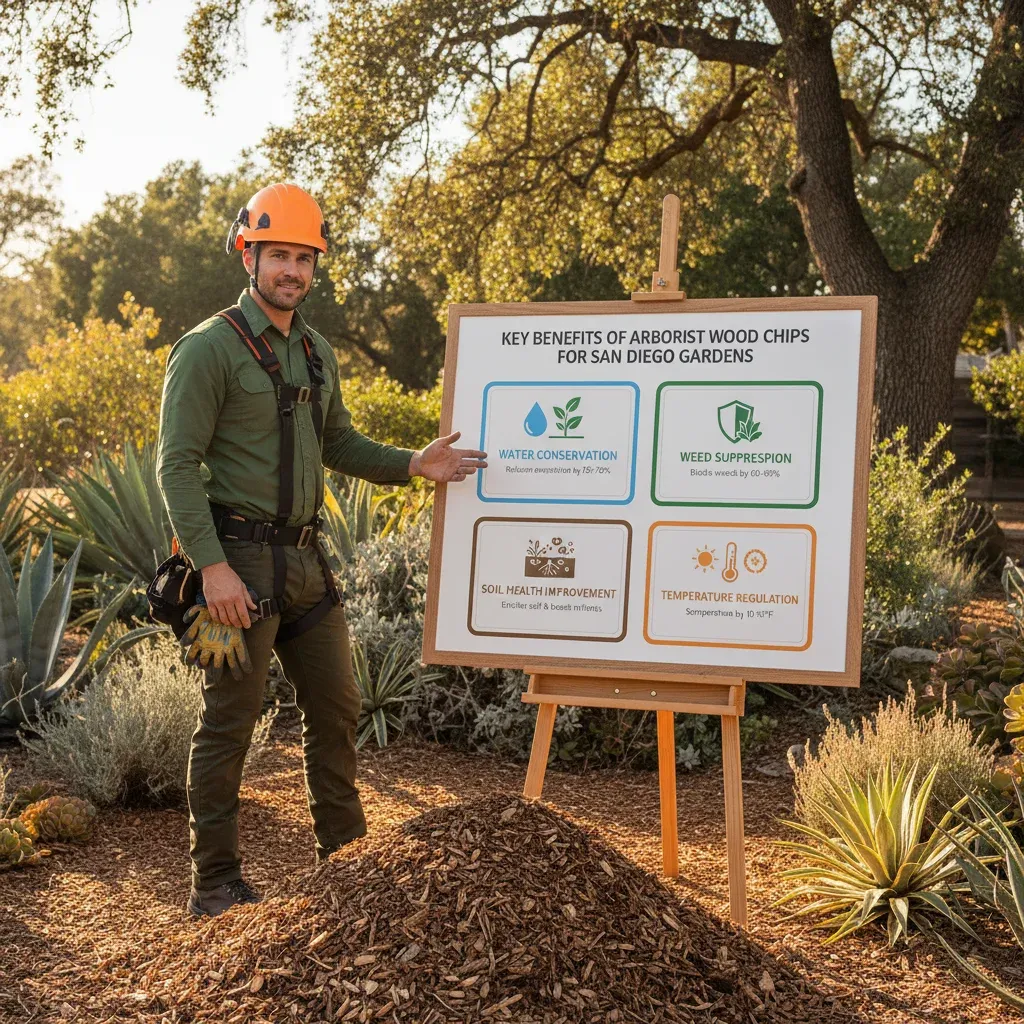 Infographic illustrating the multiple benefits of arborist wood chips, including water conservation, weed suppression, soil health improvement, and temperature regulation.