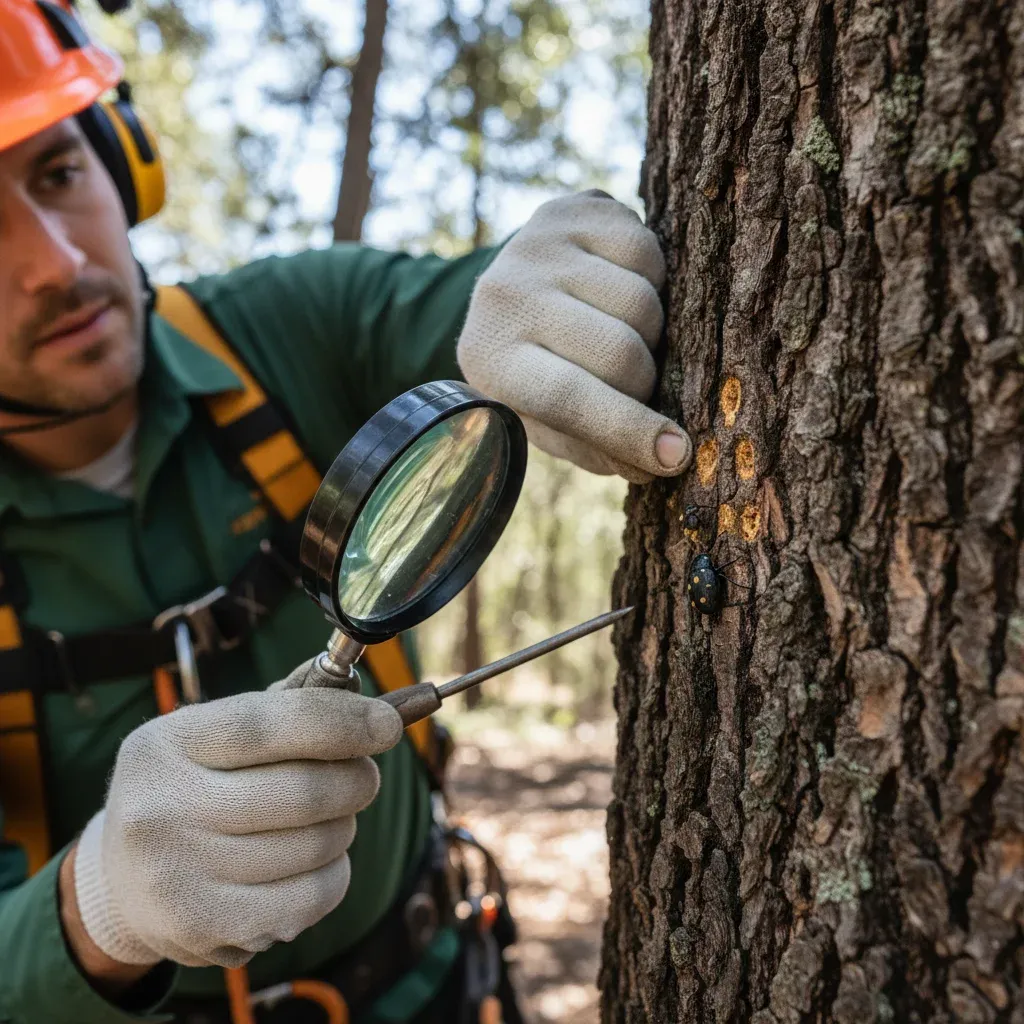 A professional arborist from Branch Pro San Diego pointing out signs of GSOB damage on the trunk of a coast live oak.