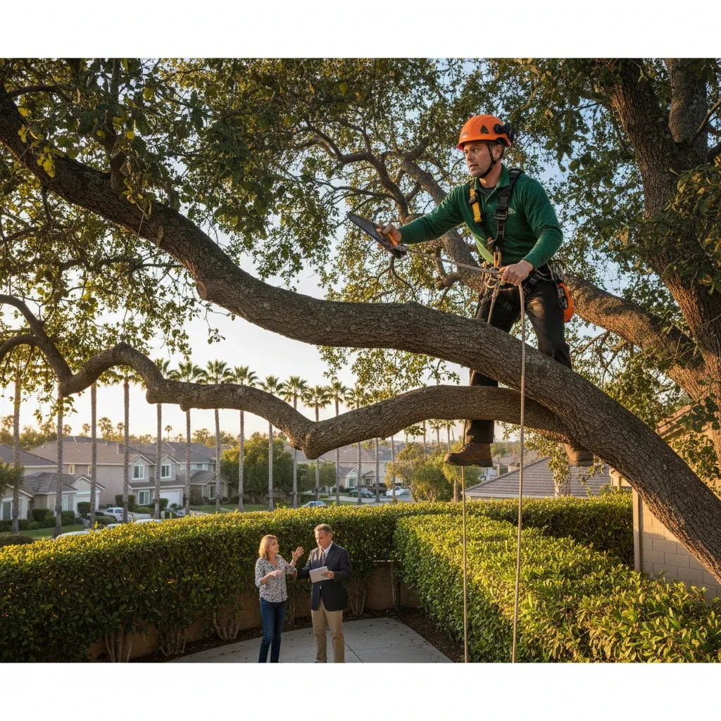 A certified arborist inspecting a large tree next to a home in an HOA community.