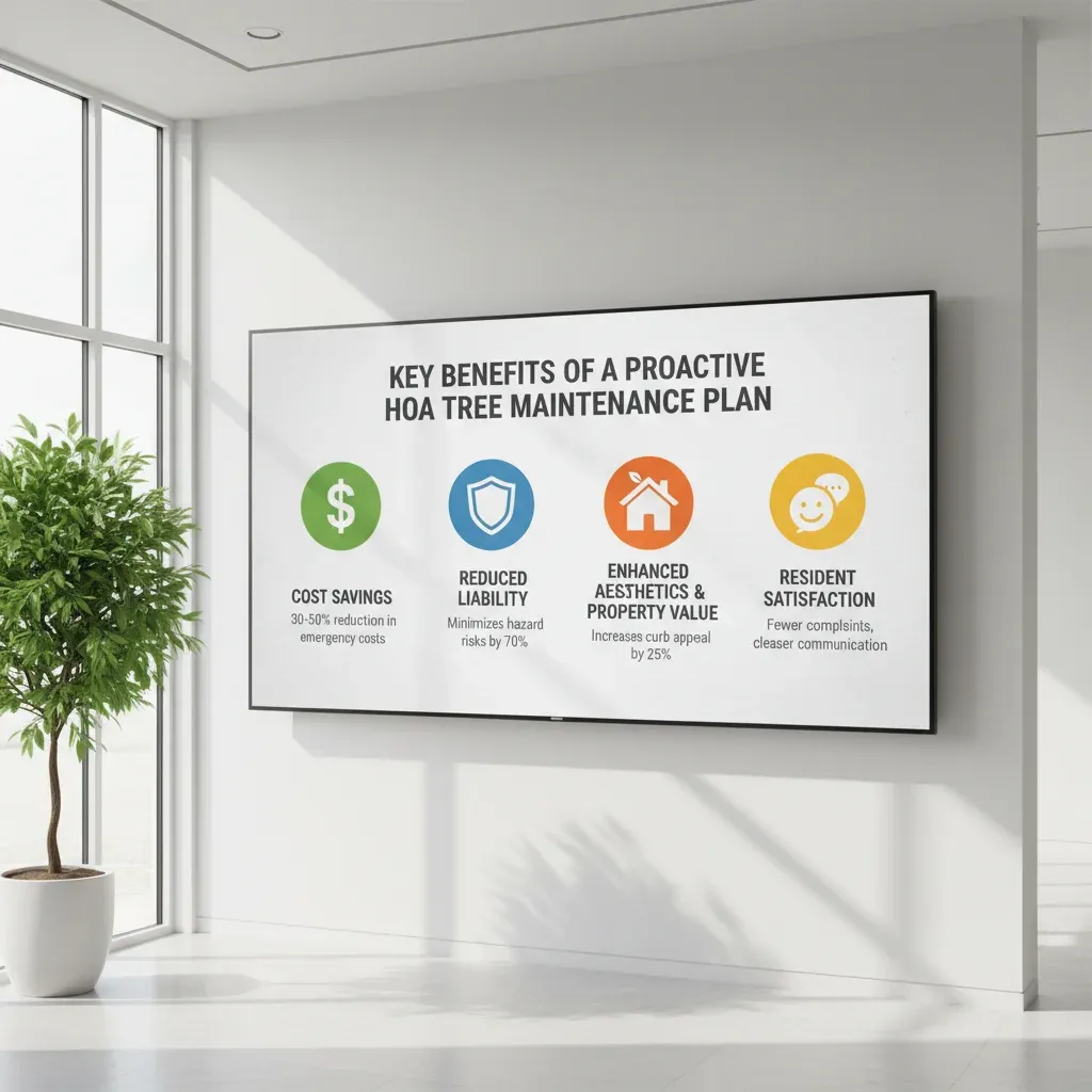 Infographic outlining the benefits of a multi-year HOA tree maintenance plan, including cost savings, reduced liability, improved aesthetics, and increased property value.