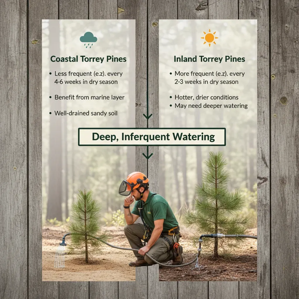 An infographic showing proper watering techniques for Torrey pines, differentiating between coastal and inland conditions with factors like soil type and rainfall.