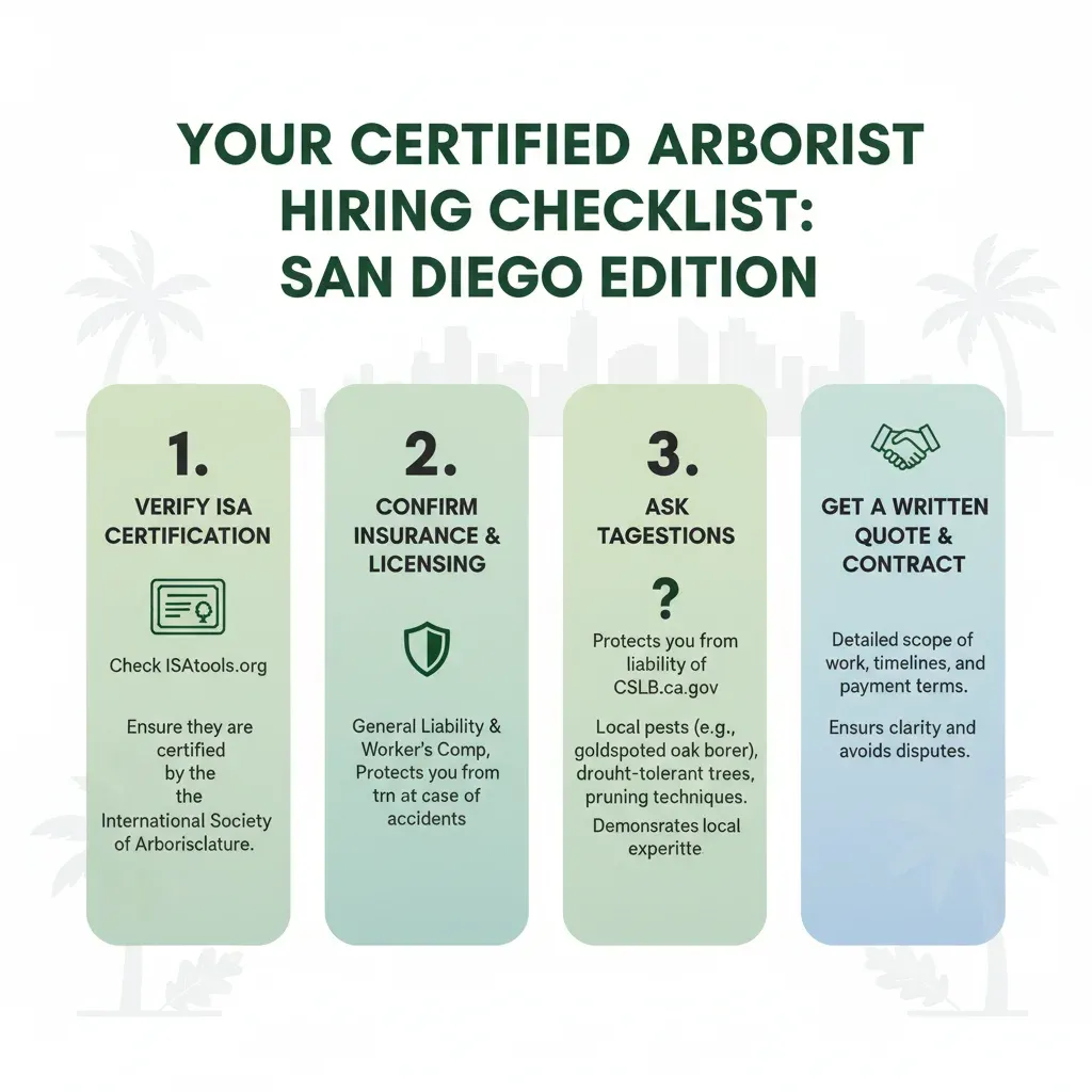Infographic illustrating a checklist for hiring a certified arborist in San Diego, including ISA certification, insurance, local knowledge, and written quotes.
