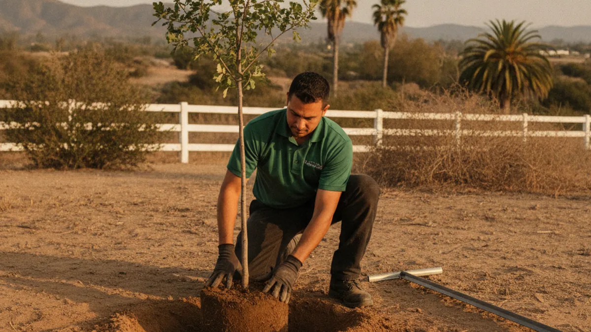 A person planting a young tree in a hole with proper depth in San Diego soil, with a stake ready nearby