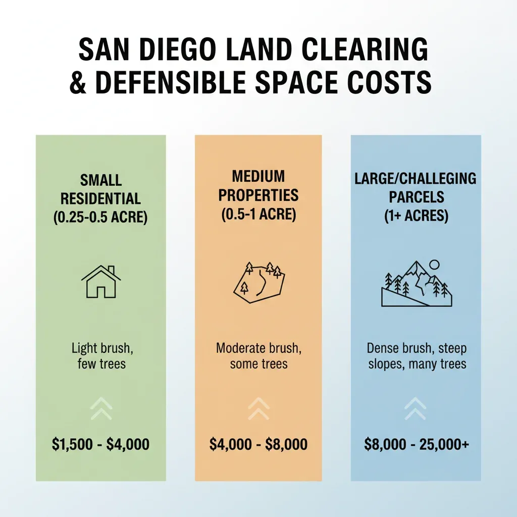 Infographic showing key factors that increase land clearing costs, including steep slopes, dense brush, large trees, difficult access, and debris disposal.
