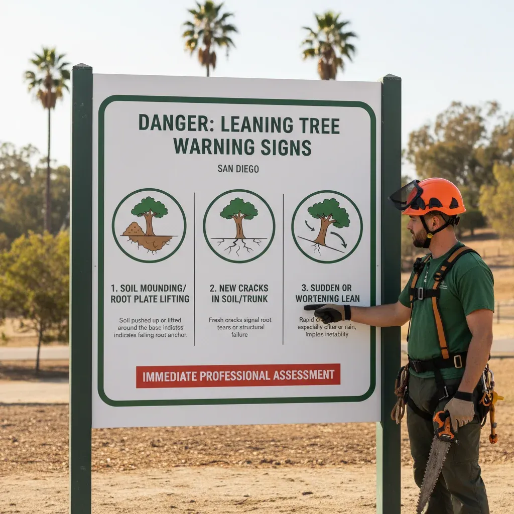 Infographic detailing critical warning signs of a dangerous leaning tree, including soil mounding, root plate lifting, and trunk cracks, with urgency levels.