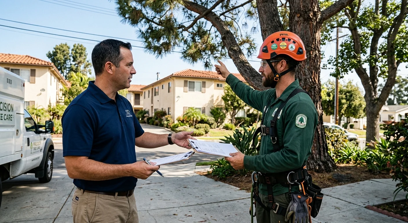 Two people reviewing papers beside a tree and nearby homes