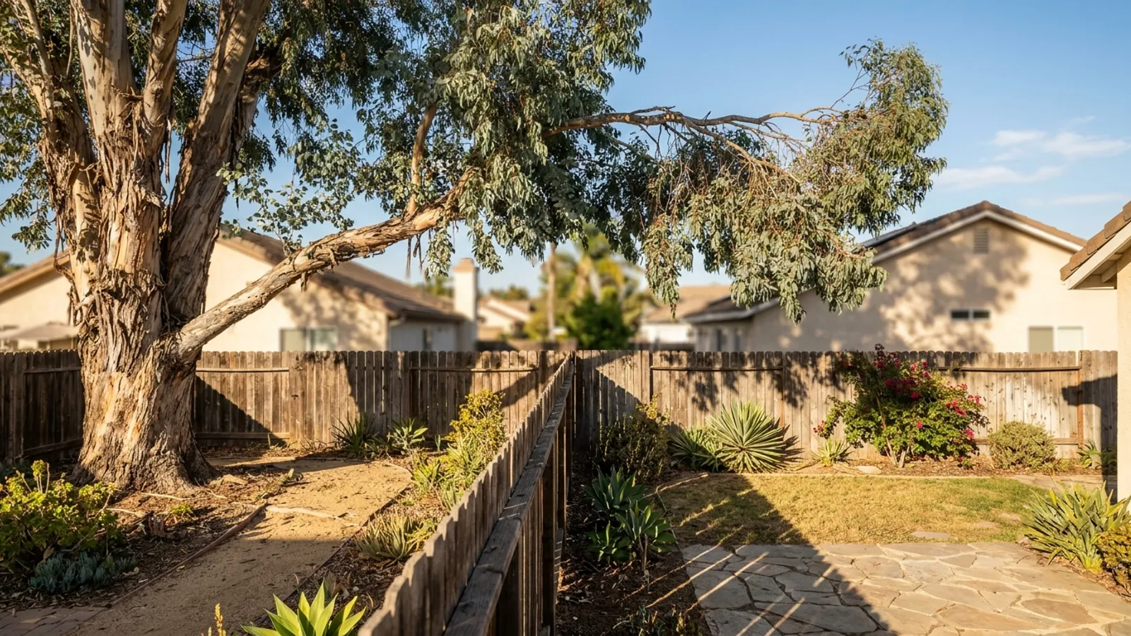 Two San Diego backyards divided by a fence with a large tree branch reaching across the property line