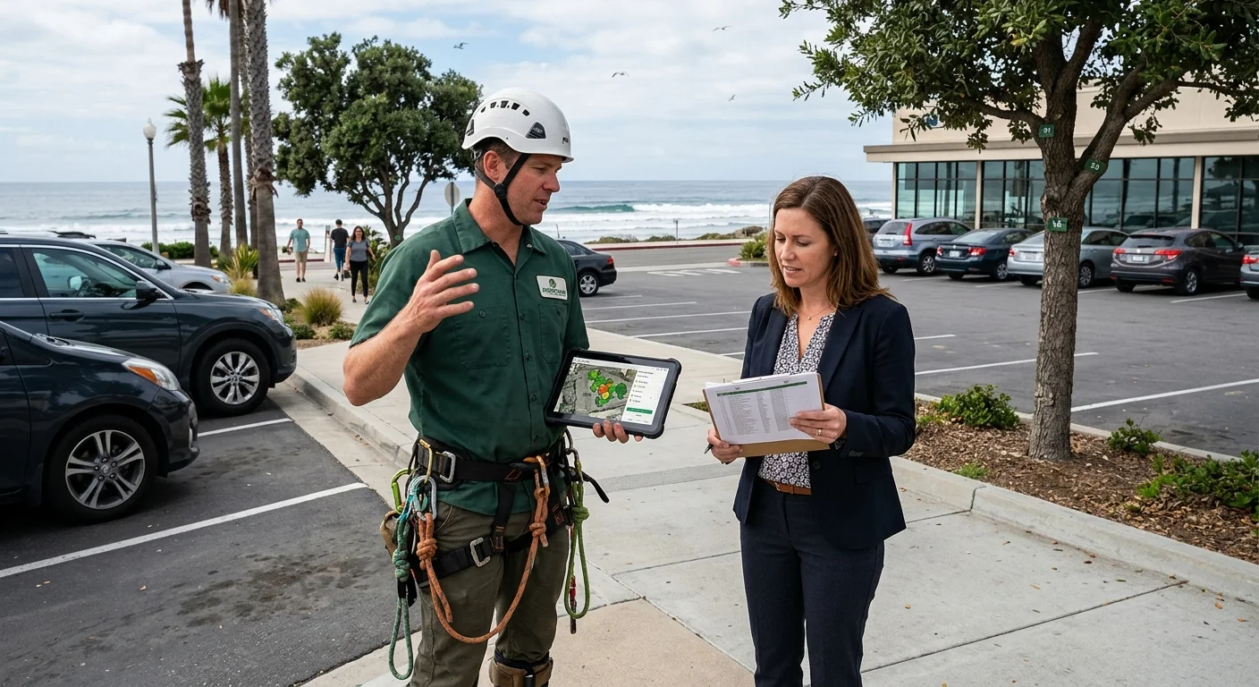 Two adults hold a tablet and clipboard near a parking lot and coastline