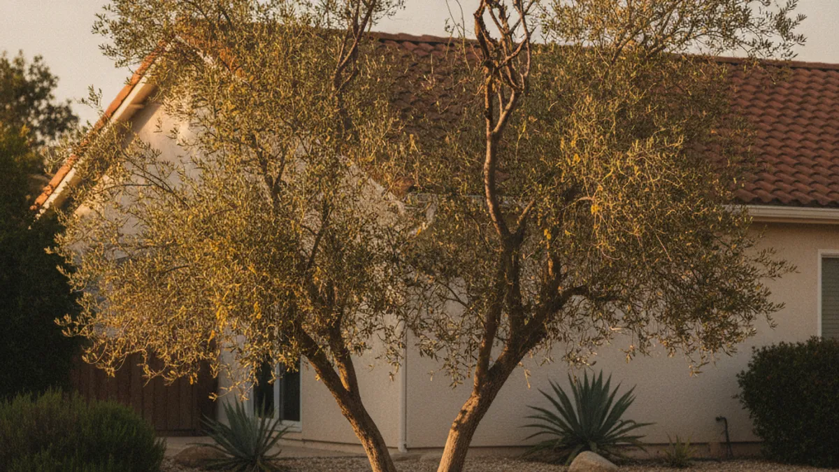 A stressed olive tree in a San Diego yard with sparse, discolored foliage and dieback on several branches