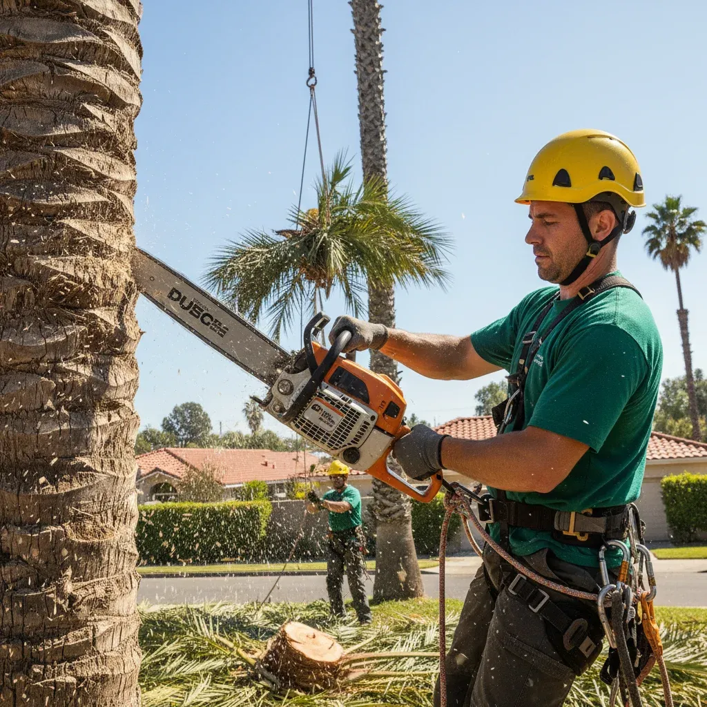 Crew members loading cut sections of a palm tree trunk onto a truck.