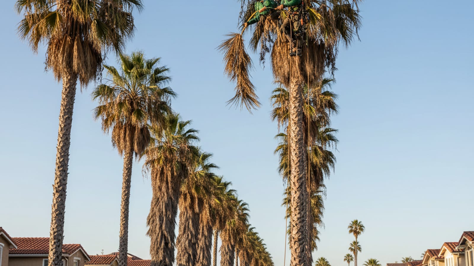 Arborist climbing a Mexican fan palm with a pole saw to remove dead fronds in San Diego