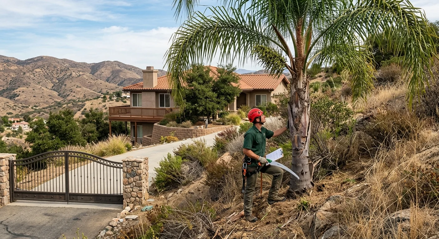 Independent palm professional assessing a tall queen palm beside a Vista hillside home