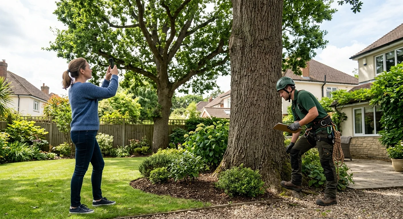 Two people near a residential tree, one holding a phone and one holding a clipboard