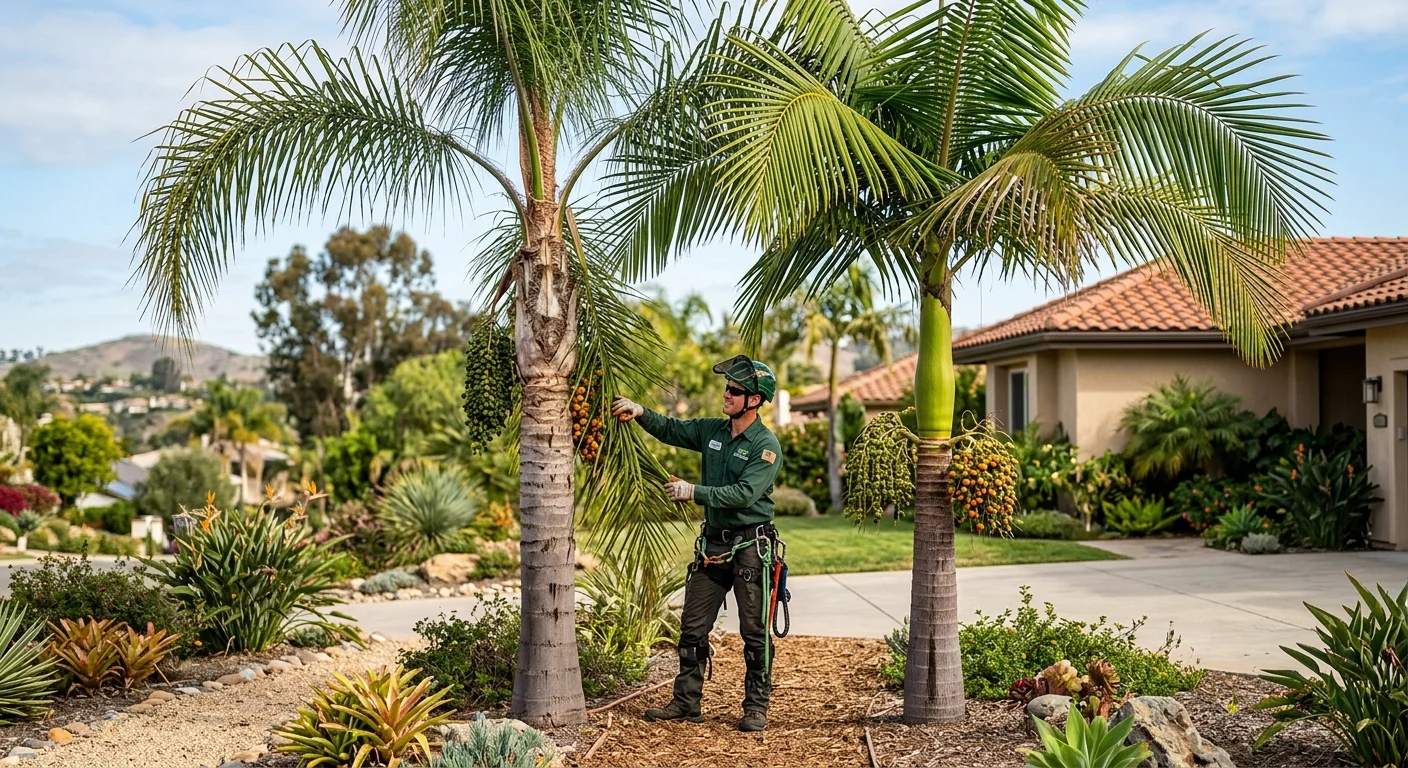 Illustration of two feather-leaved palms beside a home