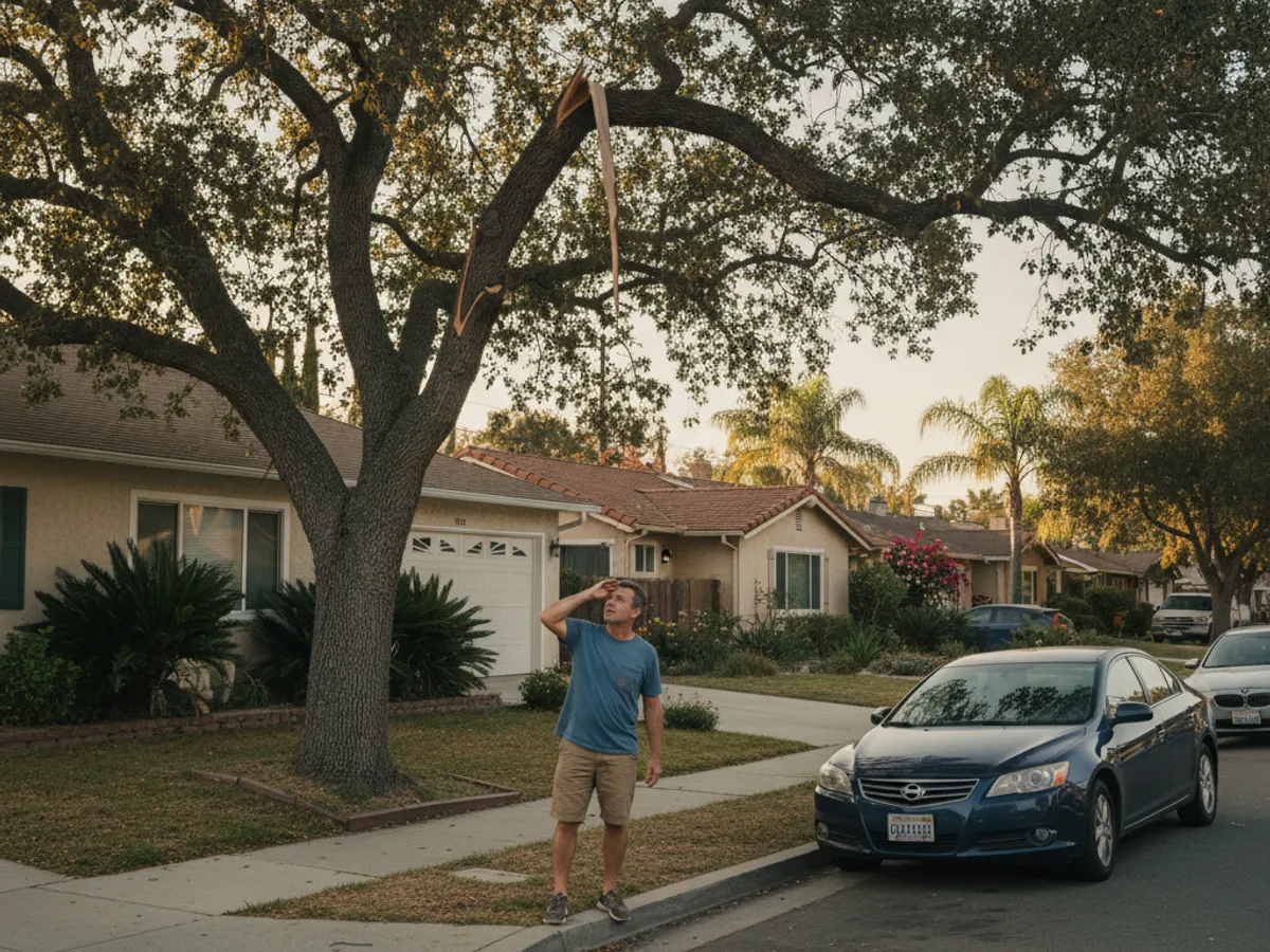 A San Diego homeowner standing on the sidewalk next to a city street tree, looking up at a damaged limb, with the curb and street visible in the foreground.