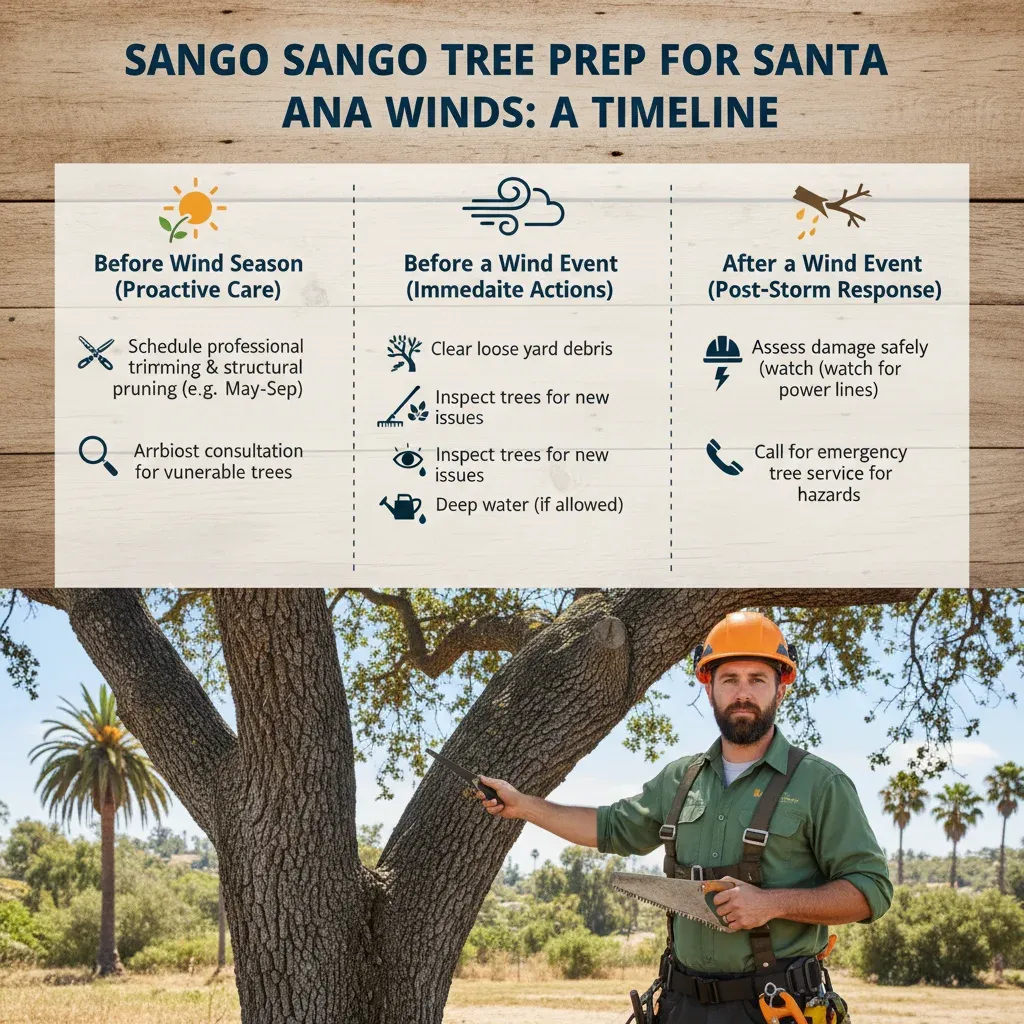 Infographic showing a timeline of tree care actions before, during, and after Santa Ana winds.