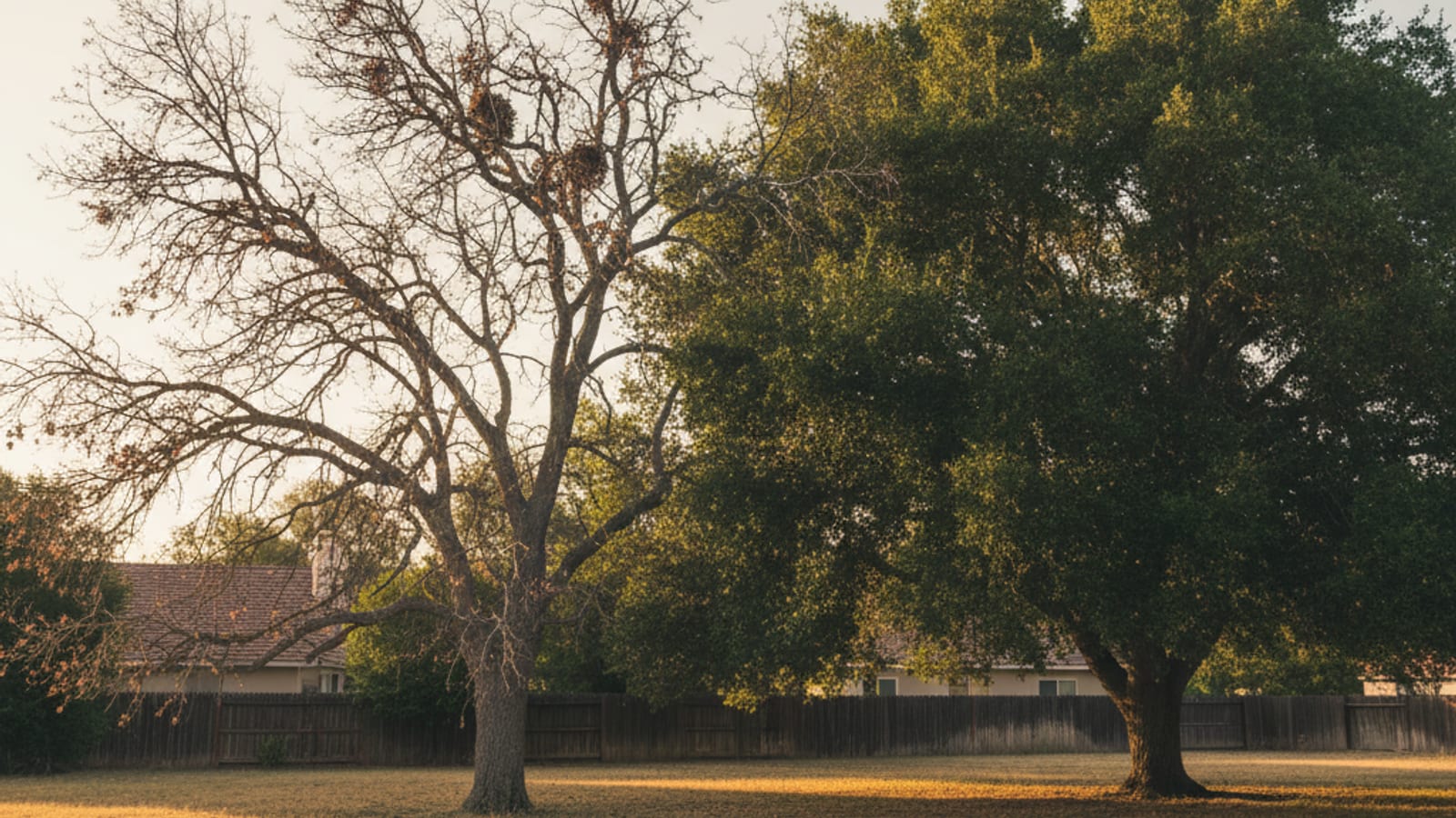 Mature tree with noticeable dead branches in the upper canopy against blue San Diego sky