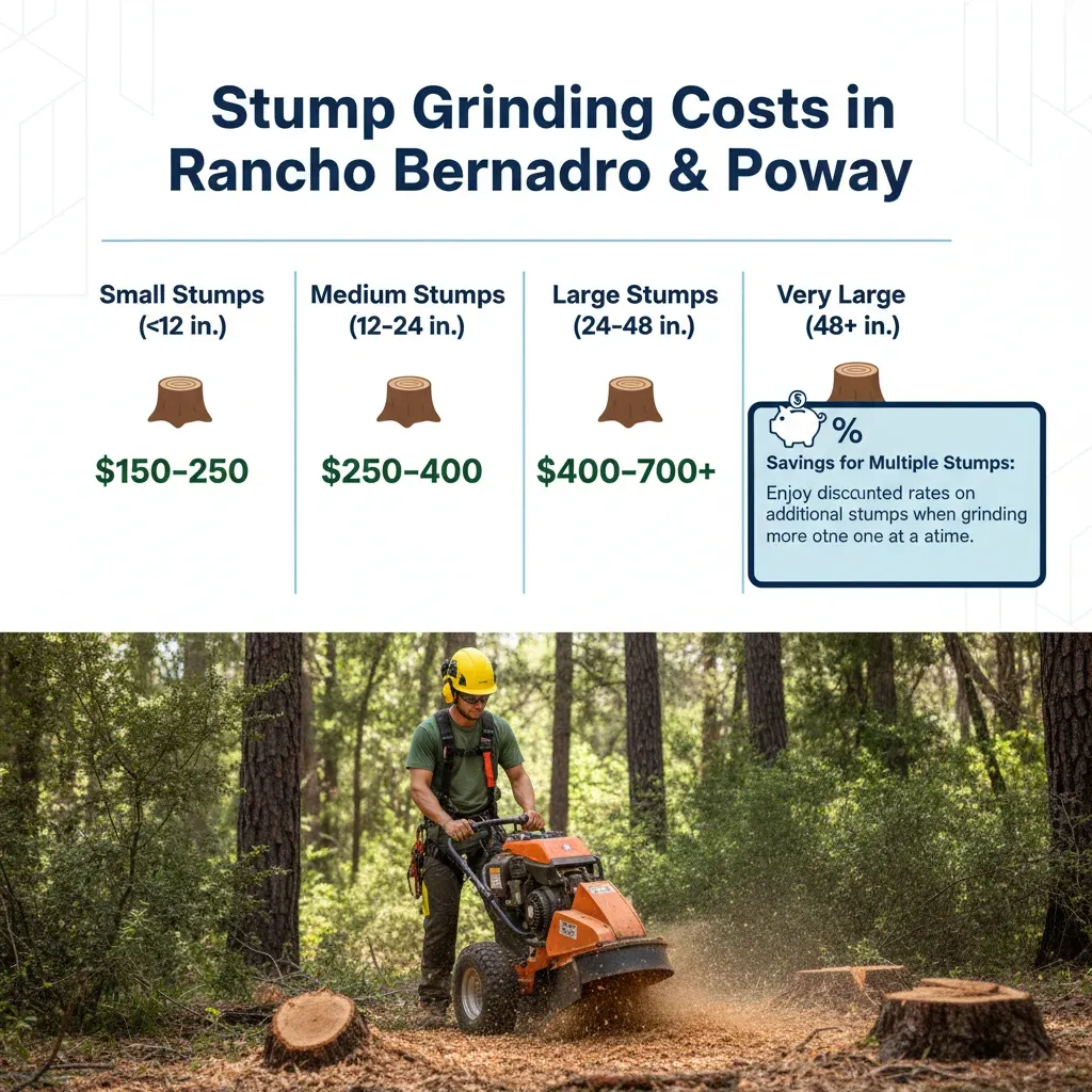 Infographic showing average stump grinding costs in Rancho Bernardo and Poway based on stump diameter, and potential savings for multiple stumps.