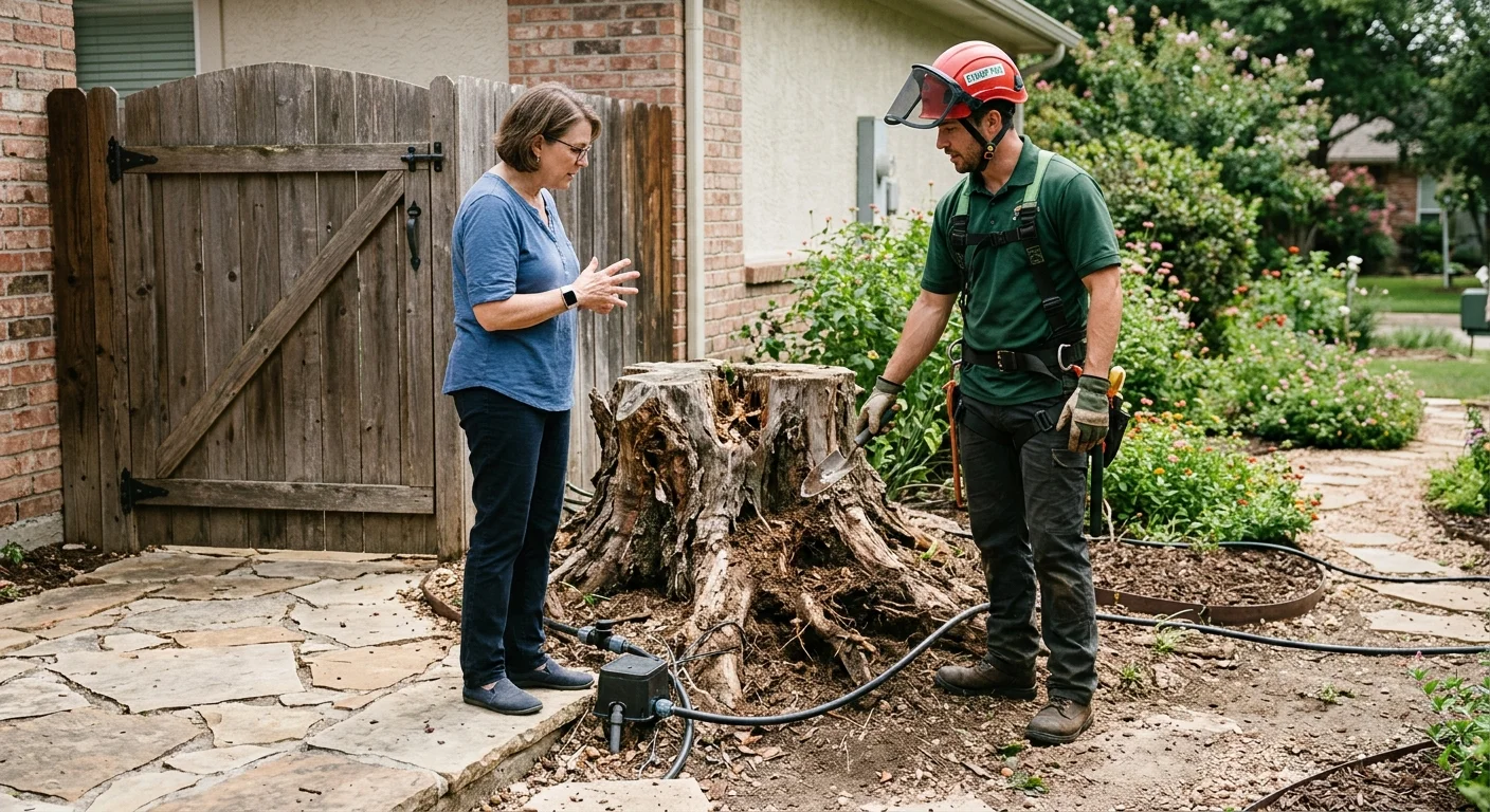 Homeowner and stump professional reviewing a stump beside irrigation, a side gate, and patio paving
