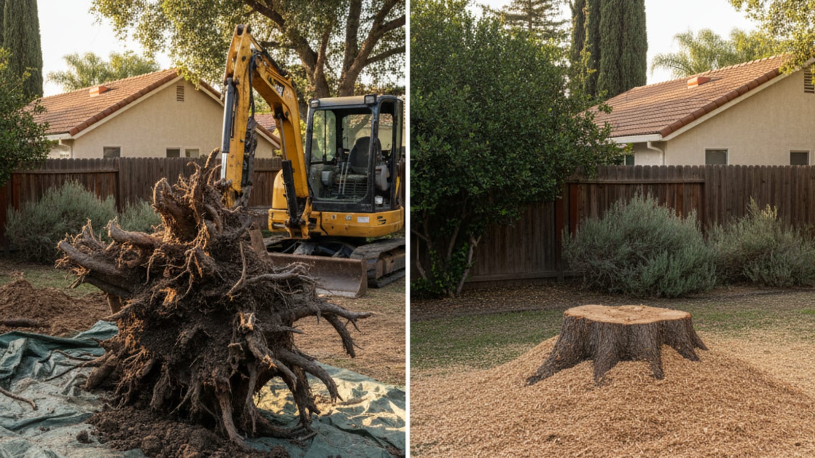 Stump grinder actively chipping a tree stump into mulch in a San Diego backyard