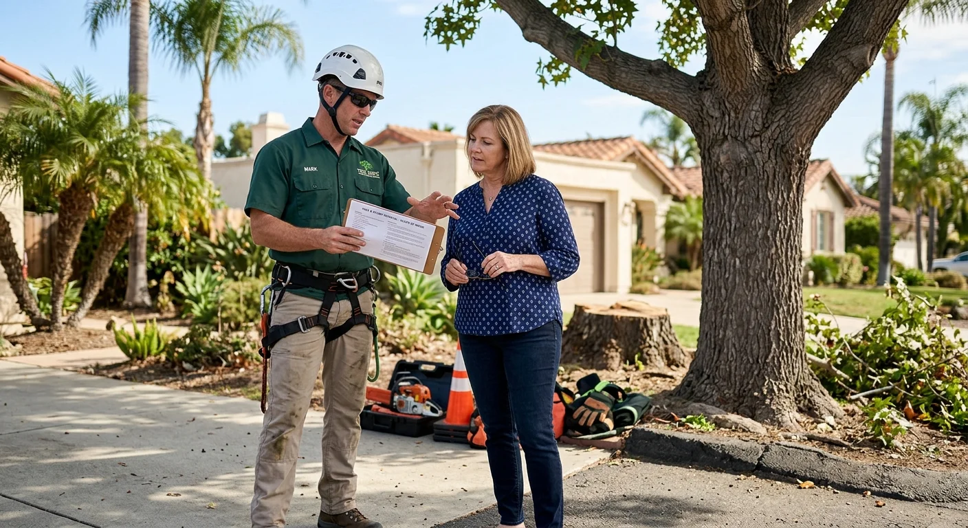 Two people reviewing papers near a tree and stump with tools on the ground