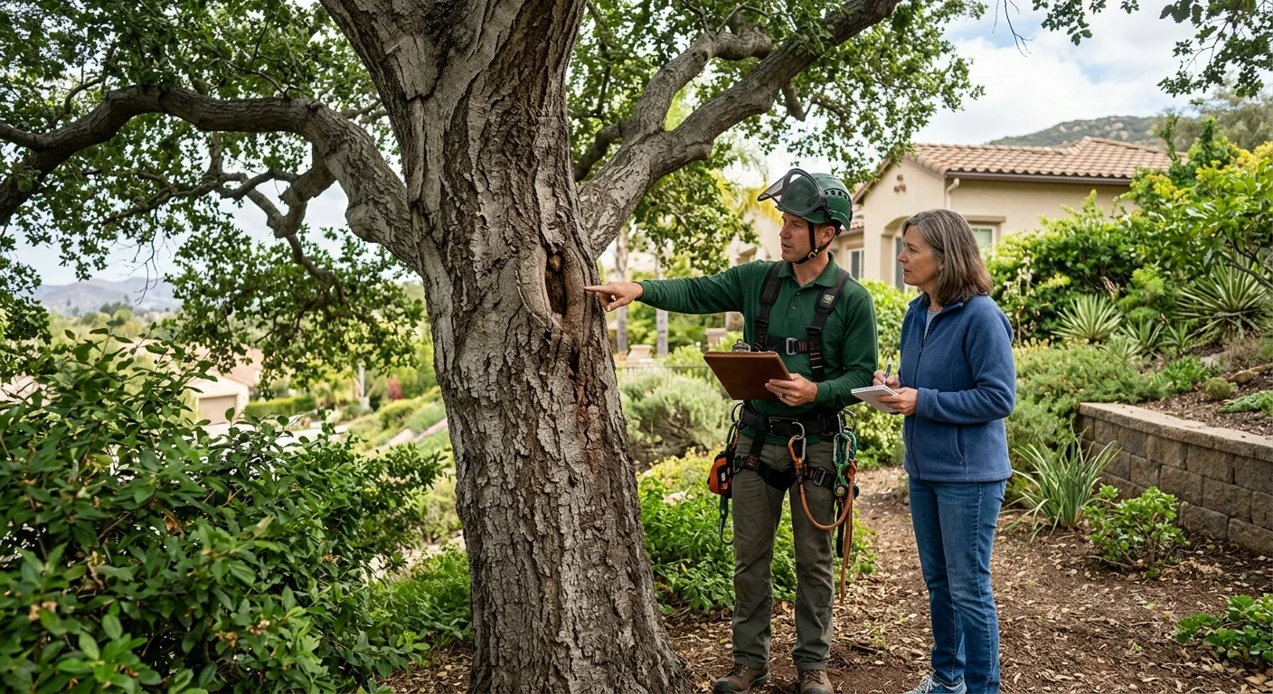 An independent arborist examining a mature tree with a Rancho Bernardo homeowner