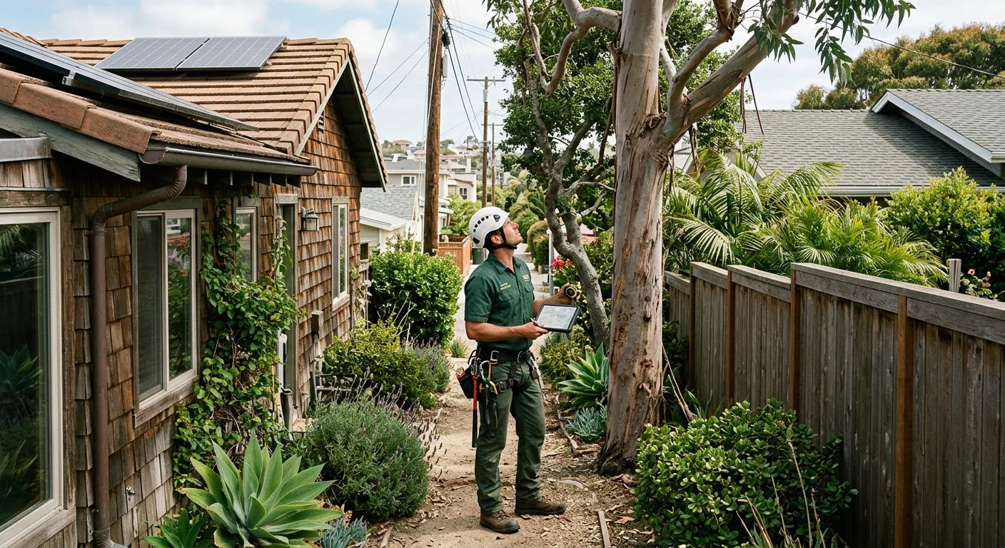 Independent tree professional checking pruning access beside a roof and fence on a narrow coastal lot